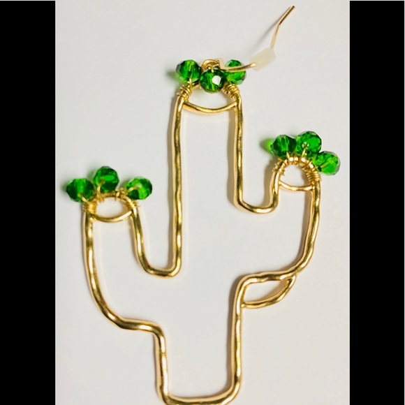 Cactus Earrings Saguaro Gold Tone Green Glass Bead - Picture 5 of 7